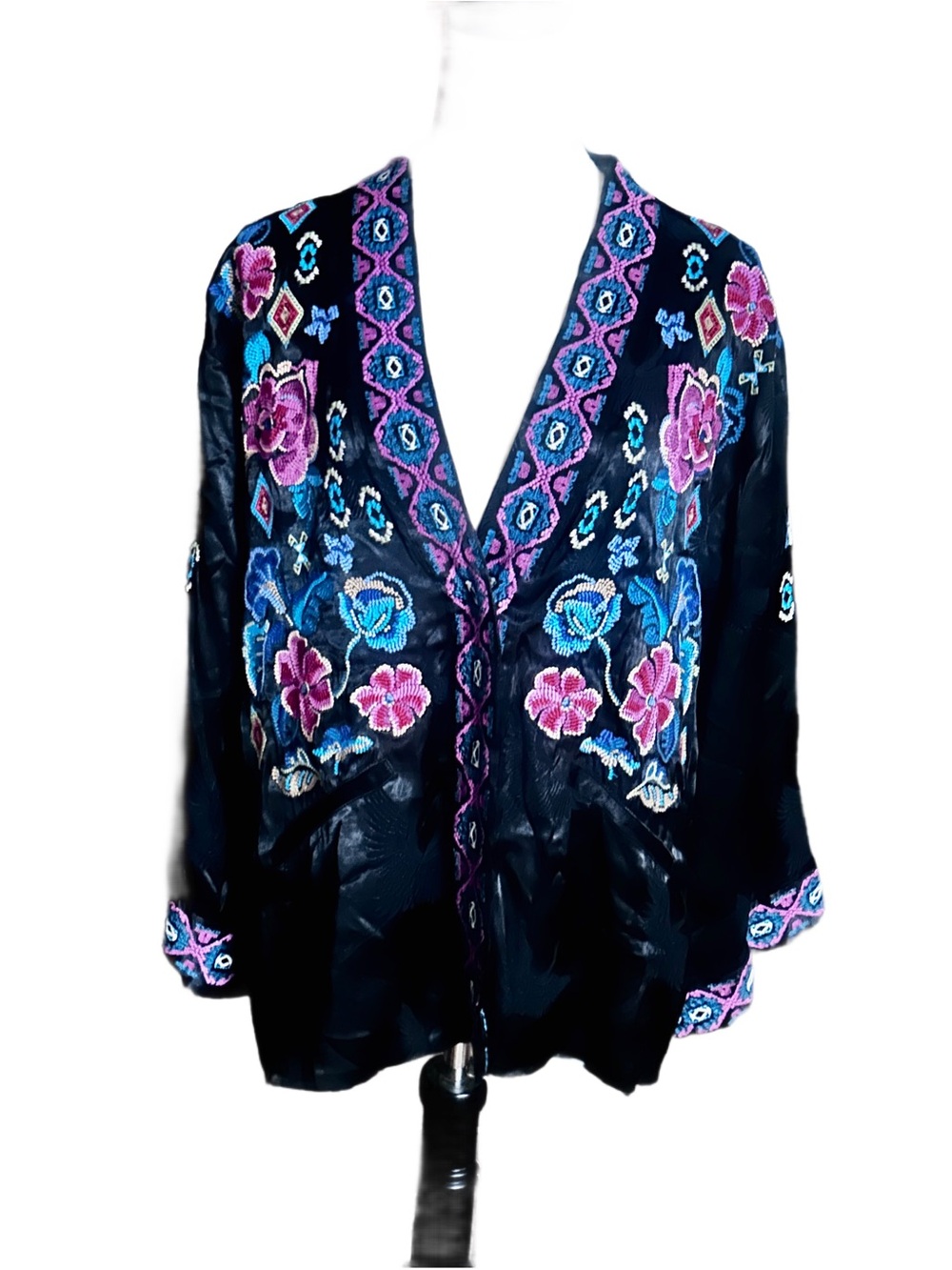 Johnny Was ~ Small ~ Black W/Multi-Colors Embroidery Floral ~ Kimono Jacket ~New